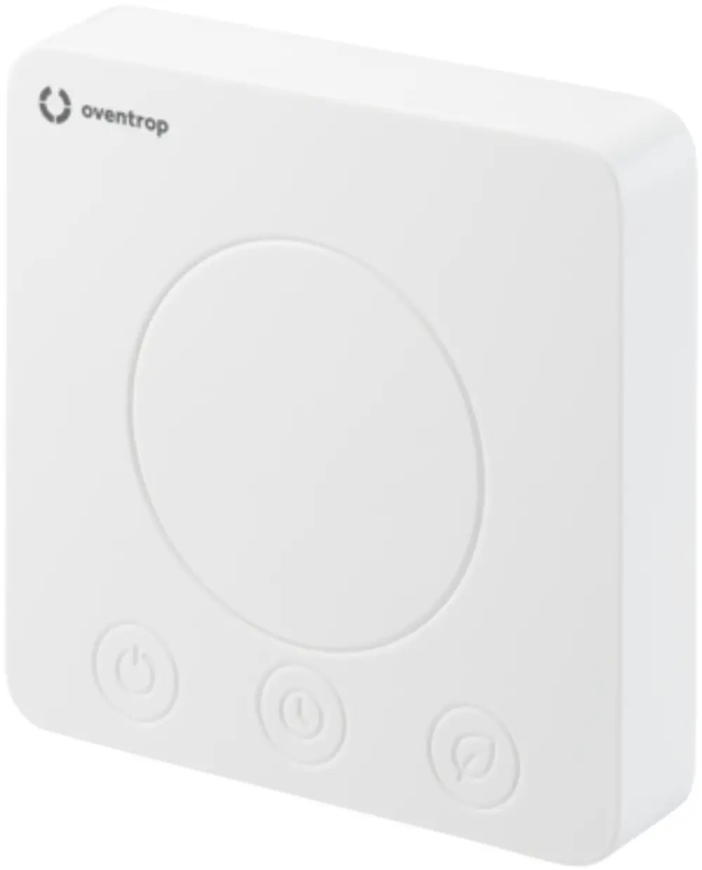 Weißes Raumthermostat von Oventrop mit runder Bedienelementfläche und drei Tasten für Heiz- oder Kühlfunktionen.